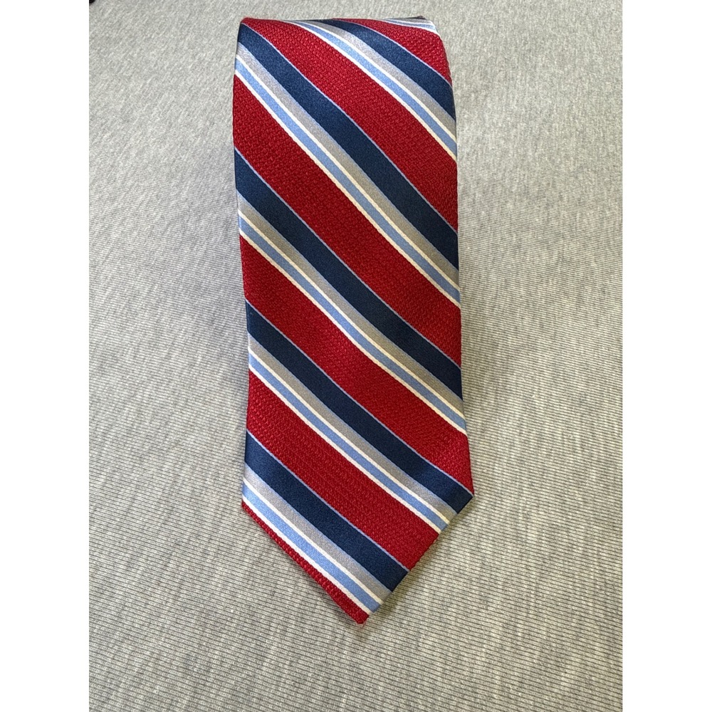 Stafford Tailored Culture Mens Silk Tie Red Navy Blue Light Blue Striped 59 Inch